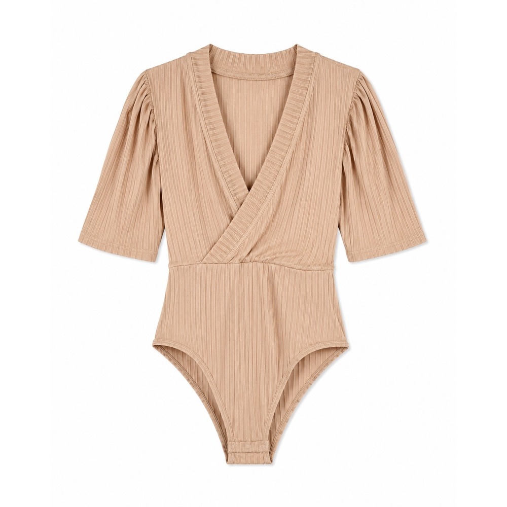 Shein Curve Ribbed Wrap Bodysuit Womens 3XL Tan Camel‎ V-Neck Puff Sleeve